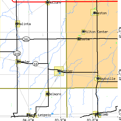 Zip code 43516 close-up map