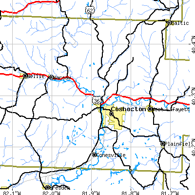 Zip code 43812 close-up map