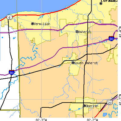Zip code 44001 close-up map