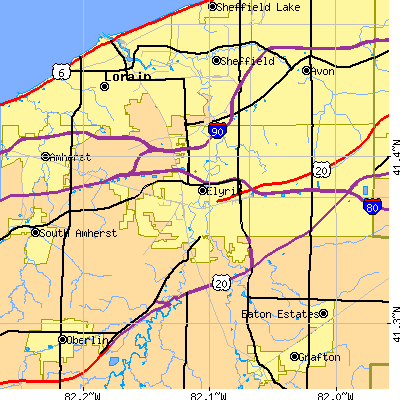 Zip code 44035 close-up map