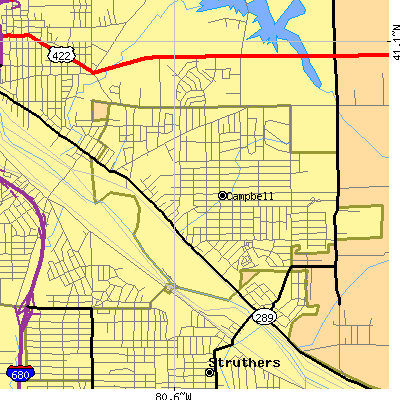 Zip code 44405 close-up map