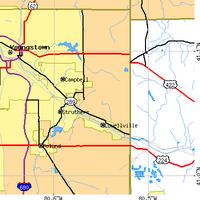 Zip code 44436 close-up map