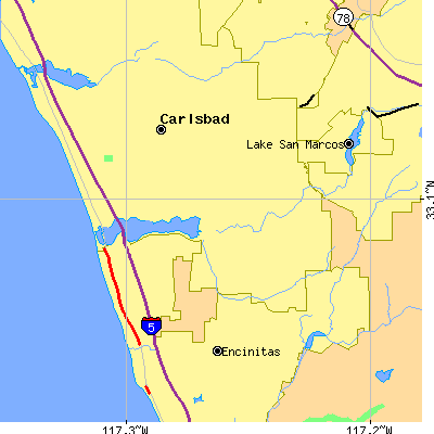 Zip code 92009 close-up map