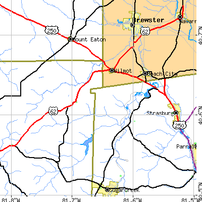 Zip code 44624 close-up map