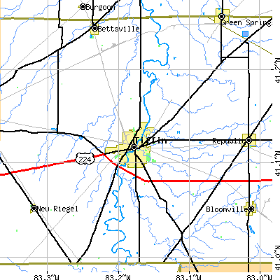 Zip code 44883 close-up map