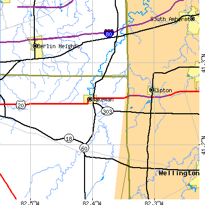 Zip code 44889 close-up map