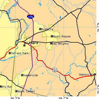 Zip code 45150 close-up map
