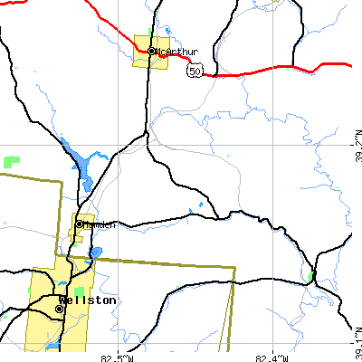 Zip code 45634 close-up map