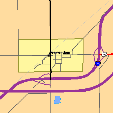 Zip code 45808 close-up map