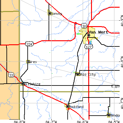 Zip code 45874 close-up map
