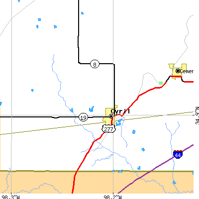 Zip code 73029 close-up map
