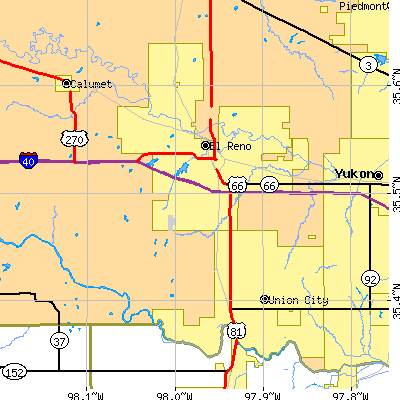 Zip code 73036 close-up map