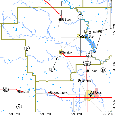 Zip code 73554 close-up map