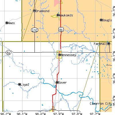 Zip code 73742 close-up map