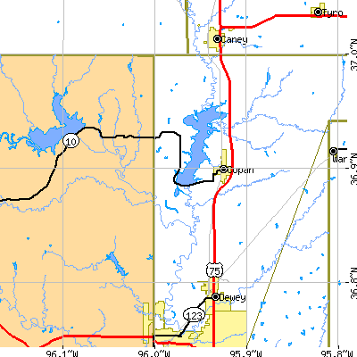 Zip code 74022 close-up map