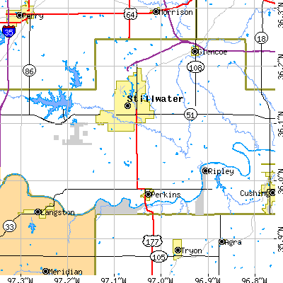 Zip code 74074 close-up map