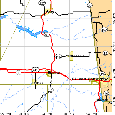 Zip code 74338 close-up map