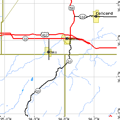 Zip code 74347 close-up map