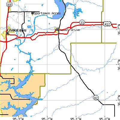 Zip code 74352 close-up map