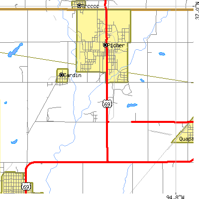 Zip code 74360 close-up map
