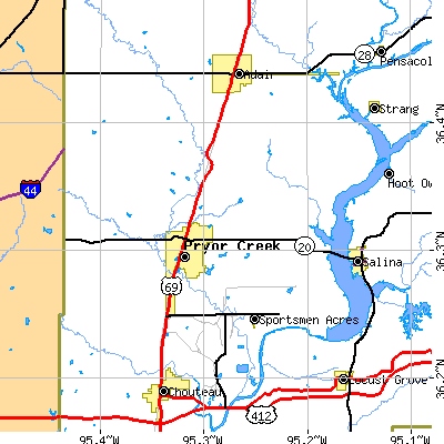 Zip code 74361 close-up map