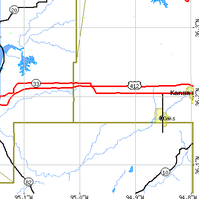 Zip code 74364 close-up map