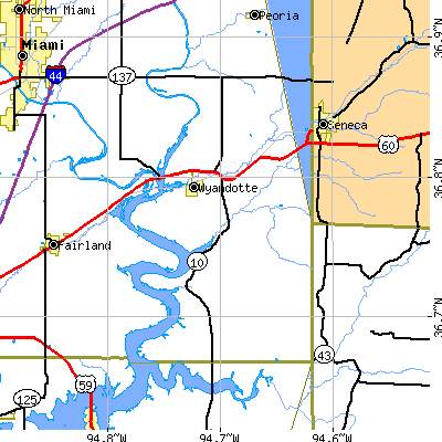 Zip code 74370 close-up map