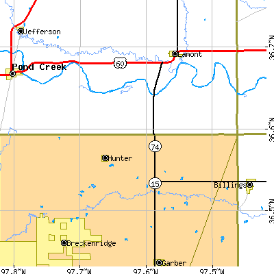 Zip code 74640 close-up map