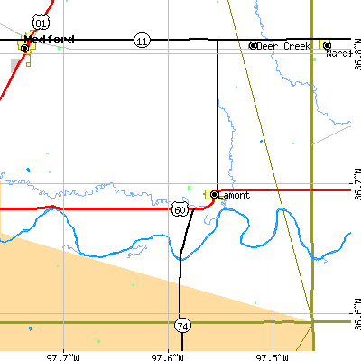 Zip code 74643 close-up map
