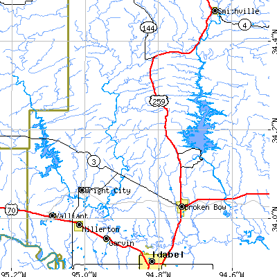 Zip code 74728 close-up map