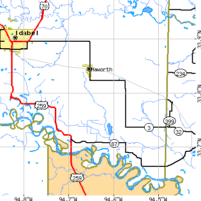 Zip code 74740 close-up map