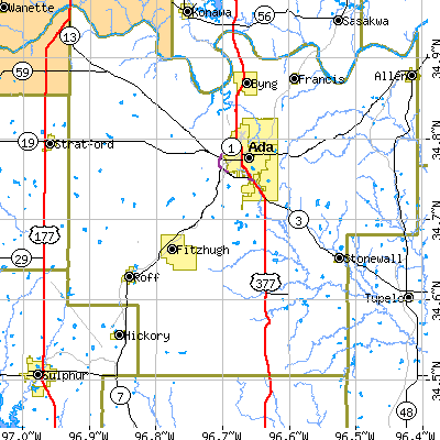 Zip code 74820 close-up map