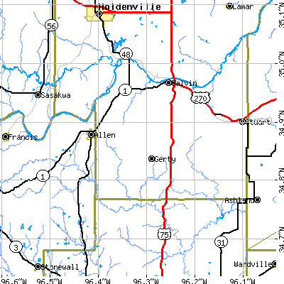 Zip code 74825 close-up map