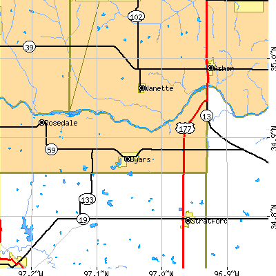 Zip code 74831 close-up map