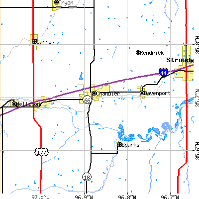Zip code 74834 close-up map