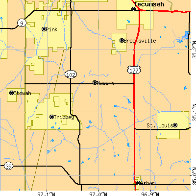 Zip code 74852 close-up map