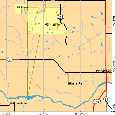 Zip code 74878 close-up map