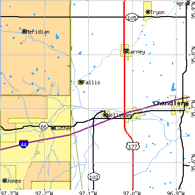 Zip code 74881 close-up map