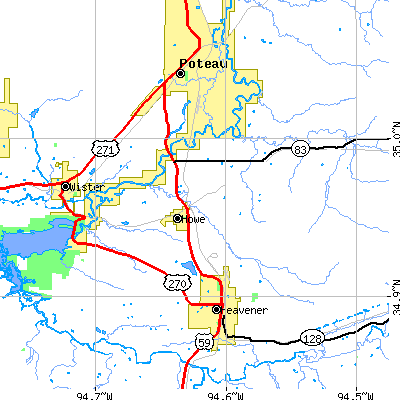 Zip code 74940 close-up map