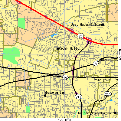 Zip code 97005 close-up map