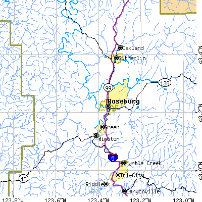 Zip code 97470 close-up map
