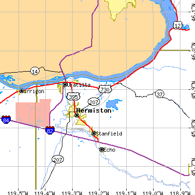 Zip code 97838 close-up map