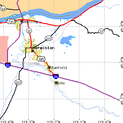 Zip code 97875 close-up map