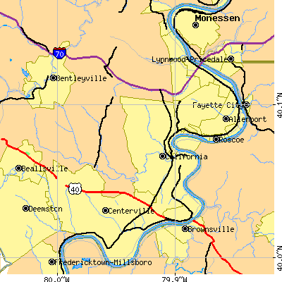 Zip code 15423 close-up map