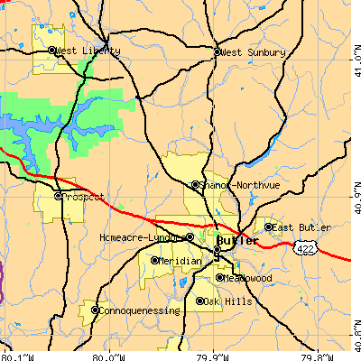 Zip code 16001 close-up map