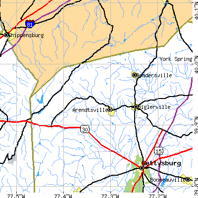 Zip code 17307 close-up map