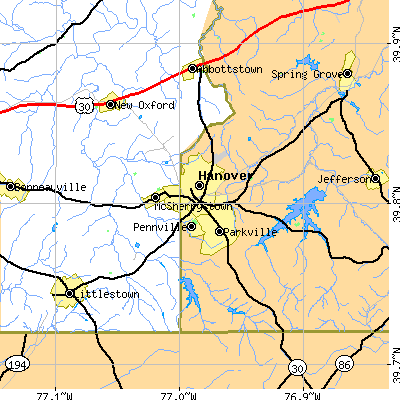 Zip code 17331 close-up map