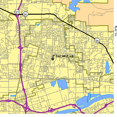 Zip code 92870 close-up map