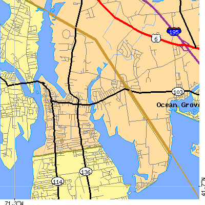 Zip code 02885 close-up map