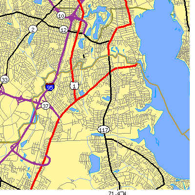 Zip code 02888 close-up map